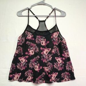 Self E Black Rose Print Tank Top Lightweight Sheer Detail 90s Y2K Women's M